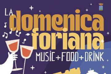 La locandina dell'evento titolo principale in caratteri grandi e colorati: "Musica . Food . Drink . Divertimento". La grafica include illustrazioni stilizzate che rappresentano Forio