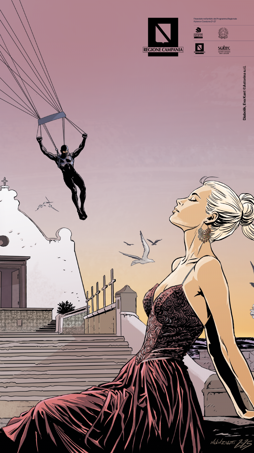 Eva Kant, elegante e decisa, domina la scena. La suggestiva Chiesa del Soccorso affacciata sul mare. In alto, Diabolik scende in paracadute, avvolto dal volo dei gabbiani che incorniciano l'immagine. Un incontro perfetto tra fascino, azione e bellezza mediterranea.