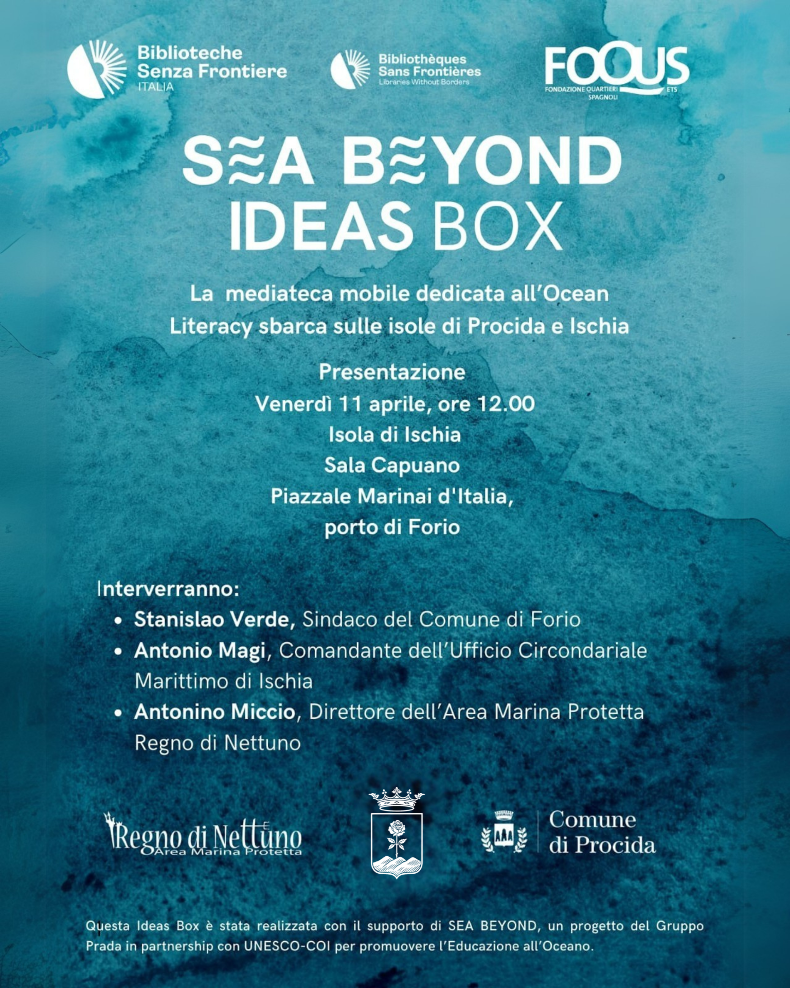La **Giornata del Mare con Sea Beyond Ideas Box** si terrà l'11 aprile alle 12:00 nella Sala Capuano di Forio, con attività laboratoriali per bambini di Ischia e Procida, per esplorare e comprendere il nostro mare.