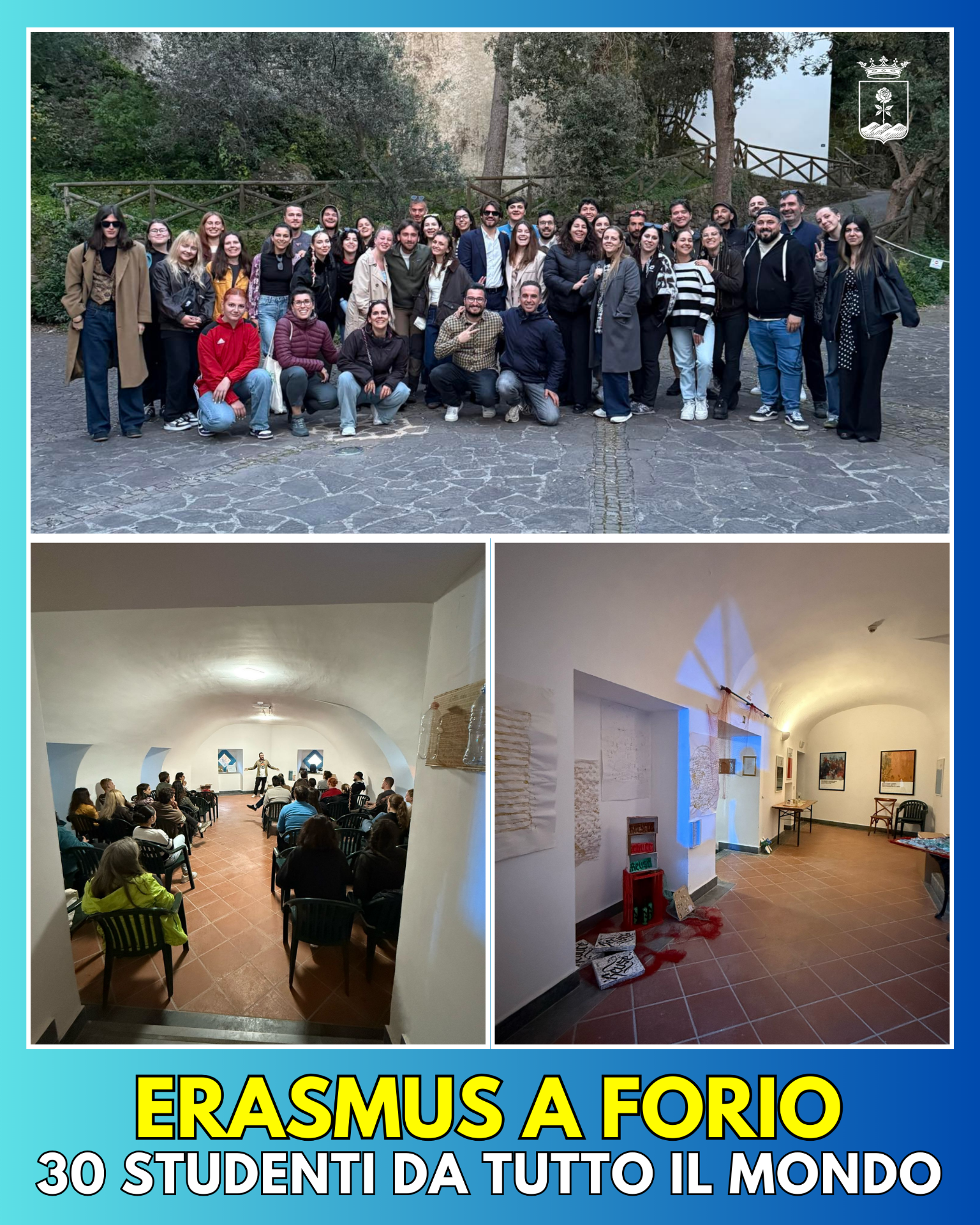 Una foto di gruppo Erasmus mostra studenti sorridenti e felici, uniti dall'esperienza di scambio culturale. L'atmosfera è vivace e di complicità, con ragazzi di diverse nazionalità che condividono un momento di allegria e amicizia.