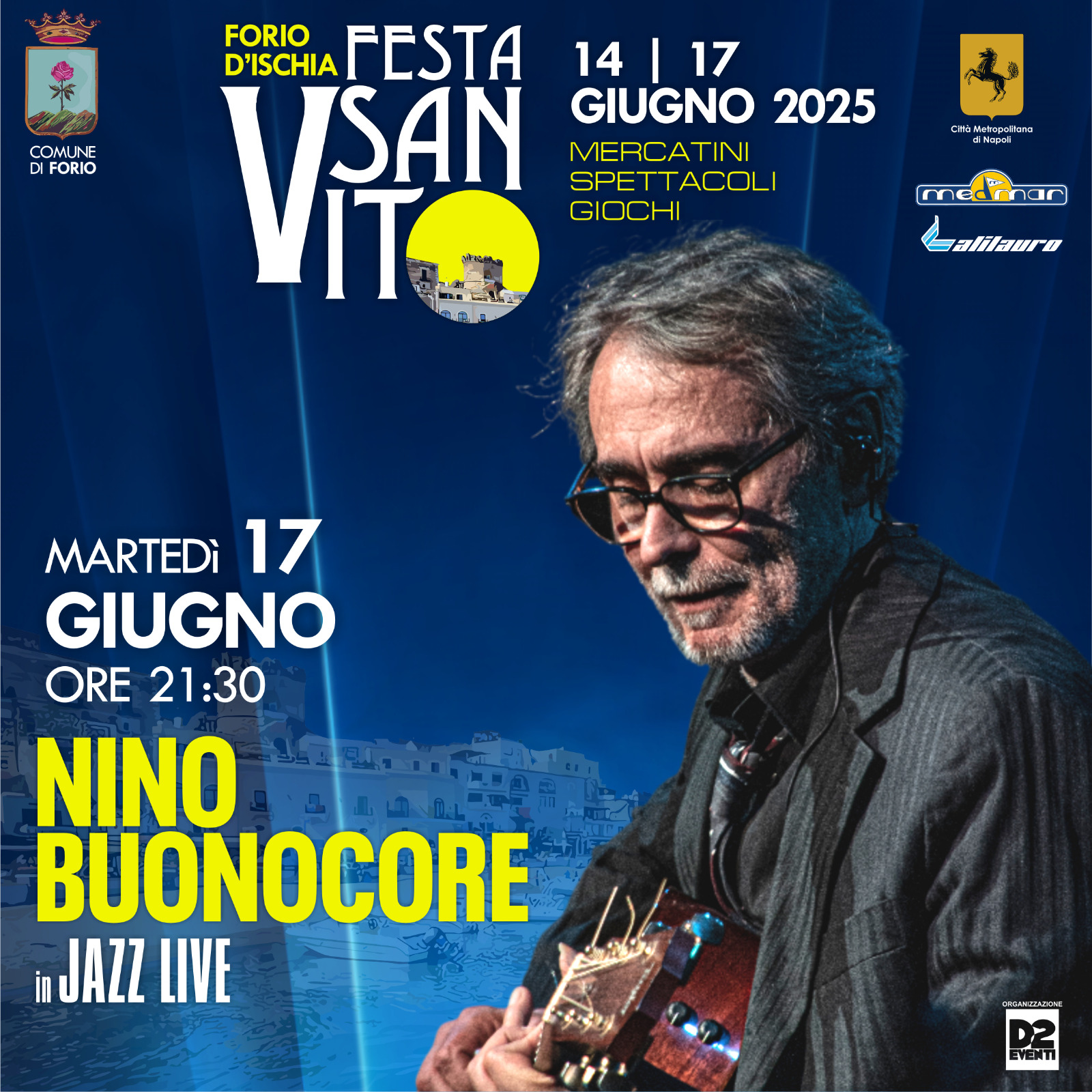 Locandina Performance jazz live del musicista Nono Buonocore, nell’ambito dei festeggiamenti per la Festa di San Vito.